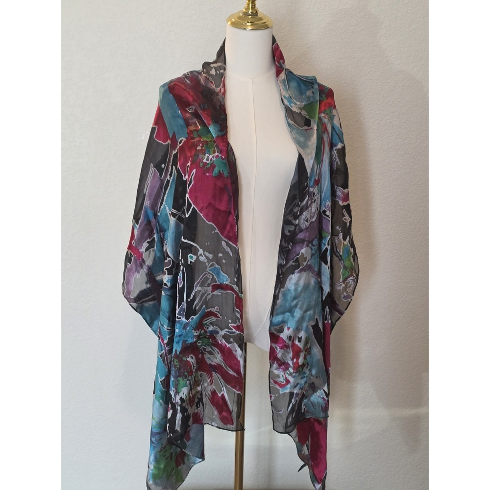 Cynthia Rowley Long Silk Scarf Reb Blue Black Abstract Floral Print 63 X 14